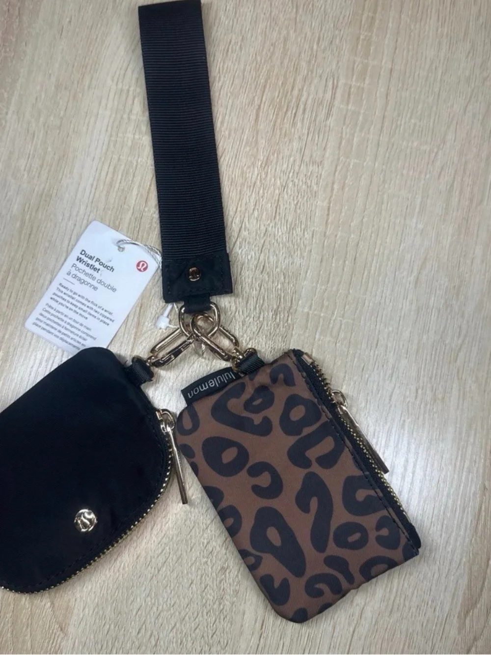lululemon athletica Dual Pouch Wristlet in Brown Leopard Print with Black Strap